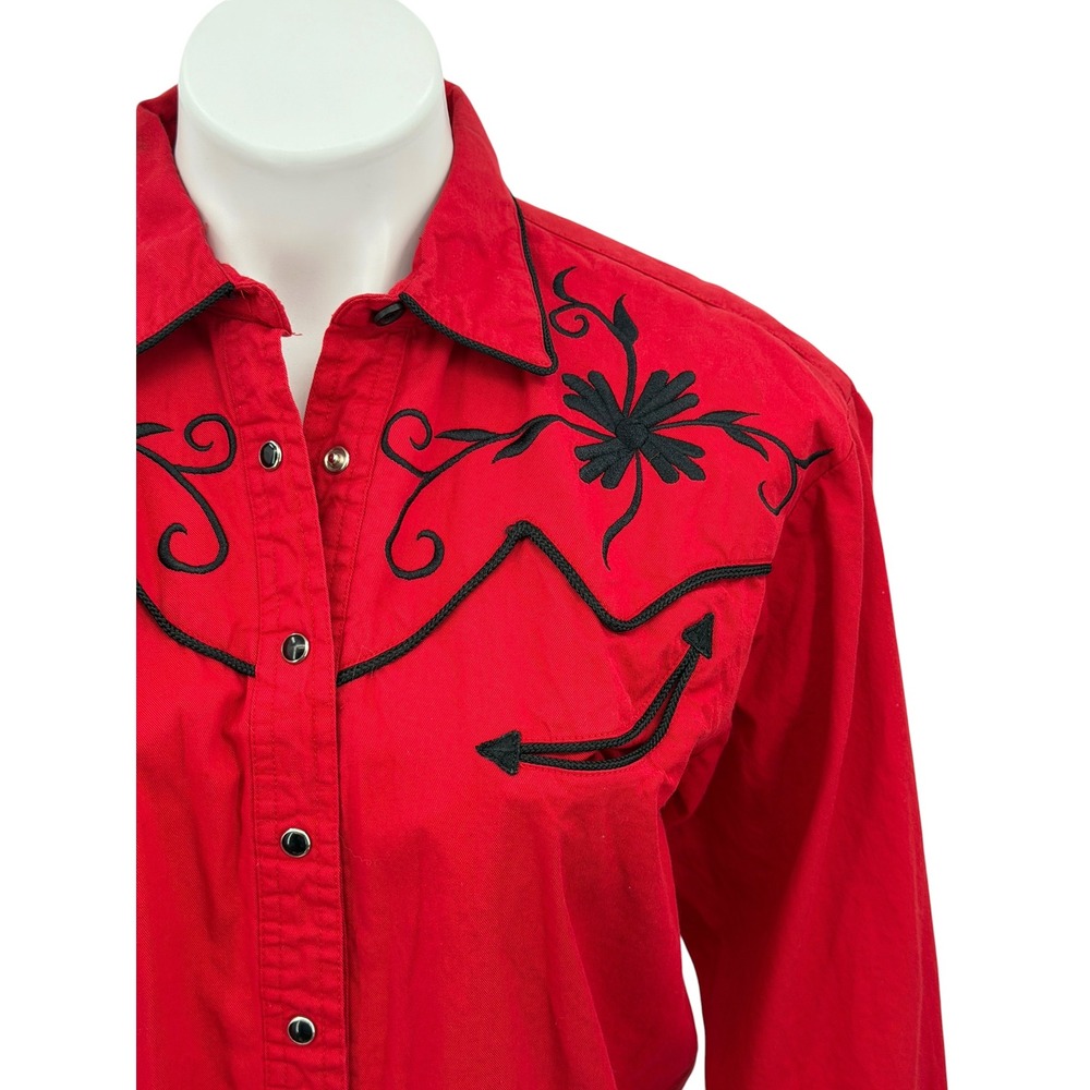 Panhandle Slim Western Shirt Women SZ L Red Floral Embroidery Pearl Snap Rodeo - Picture 4 of 12